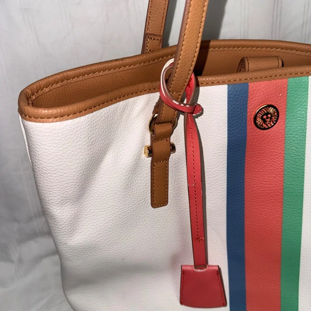 Anne Klein White Stripe Tote Bag‎ Large Faux Leather Shoulder Purse Multicolor